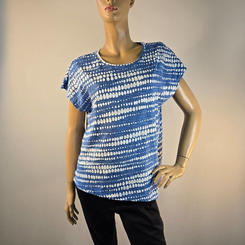 Nic + Zoe NZT Tee Dotty Lines Short Sleeve Cotton Asymmetrical Hem Women Sz L
